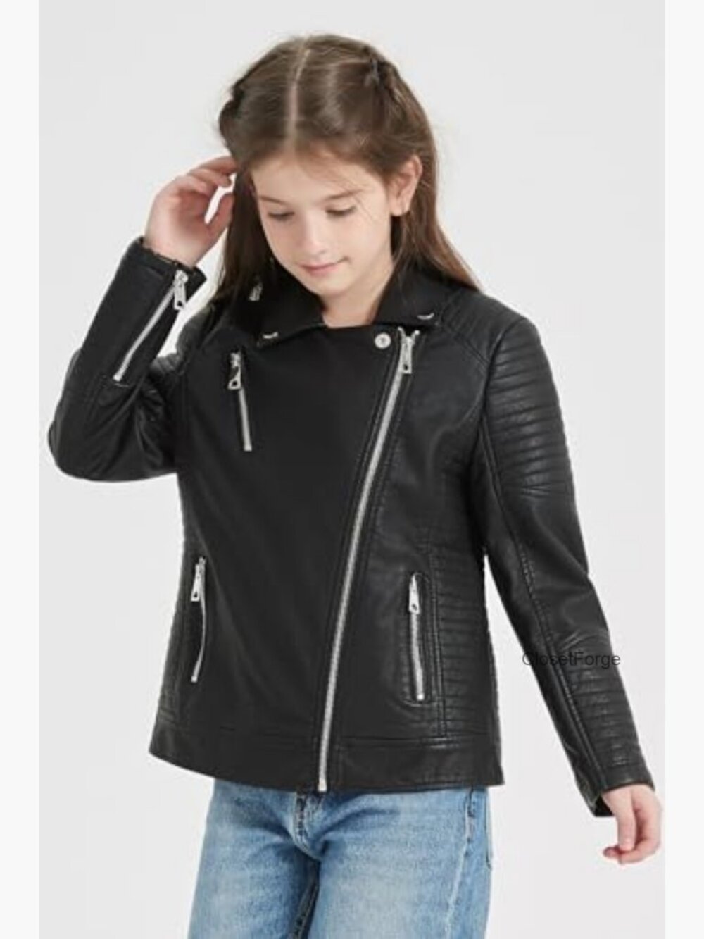 Faux Leather Motorcycle Biker Jacket Girls PU Zipper Slim Coat - Picture 6 of 6